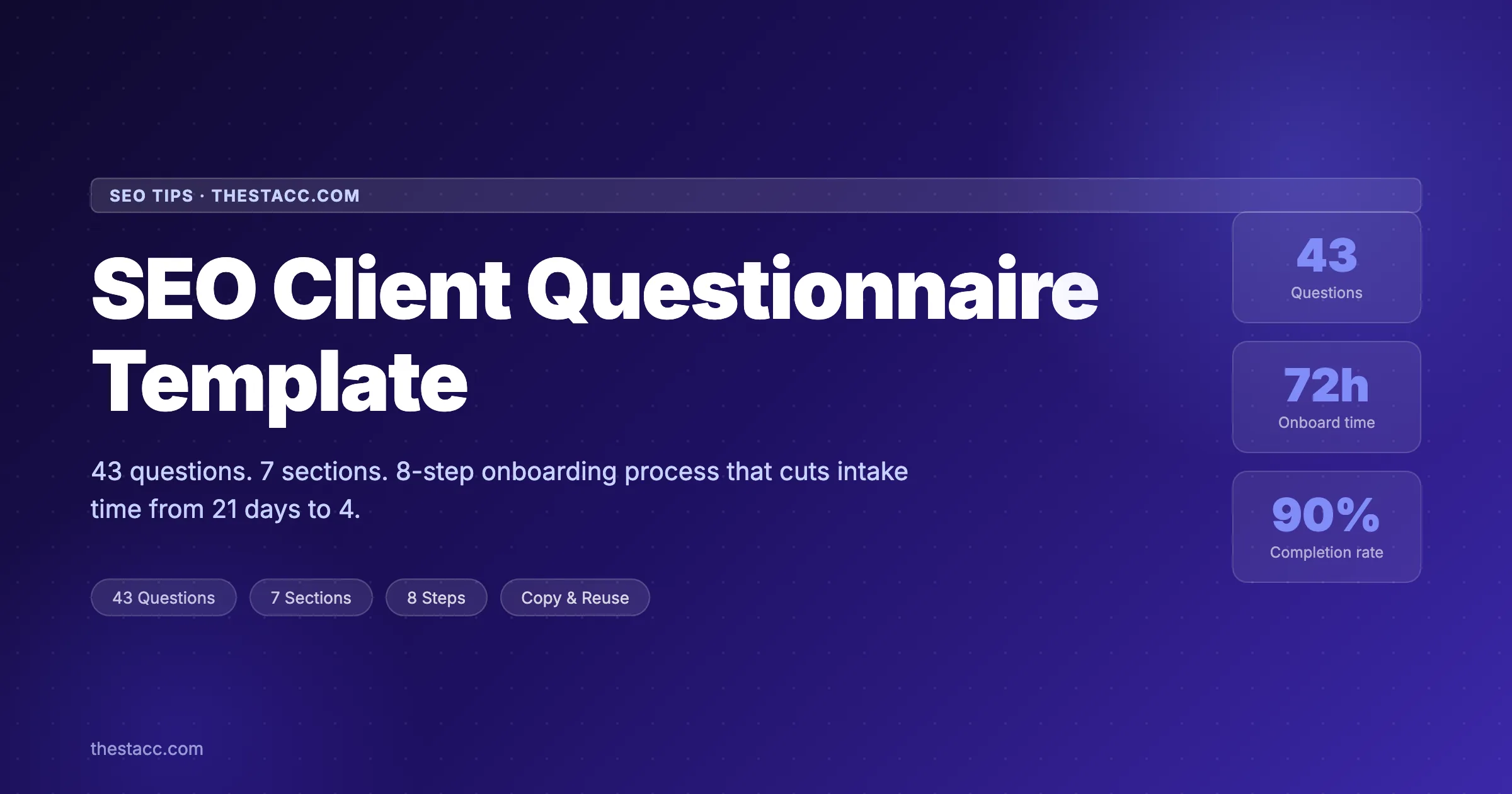 SEO client questionnaire template cover with 43 onboarding questions