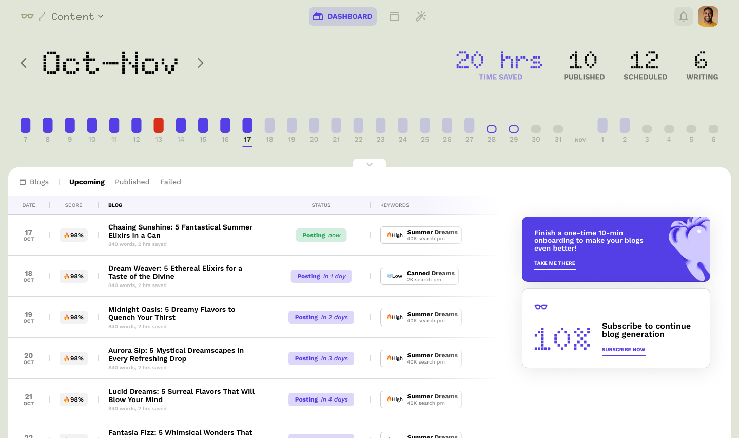 theStacc content dashboard showing scheduled blog posts