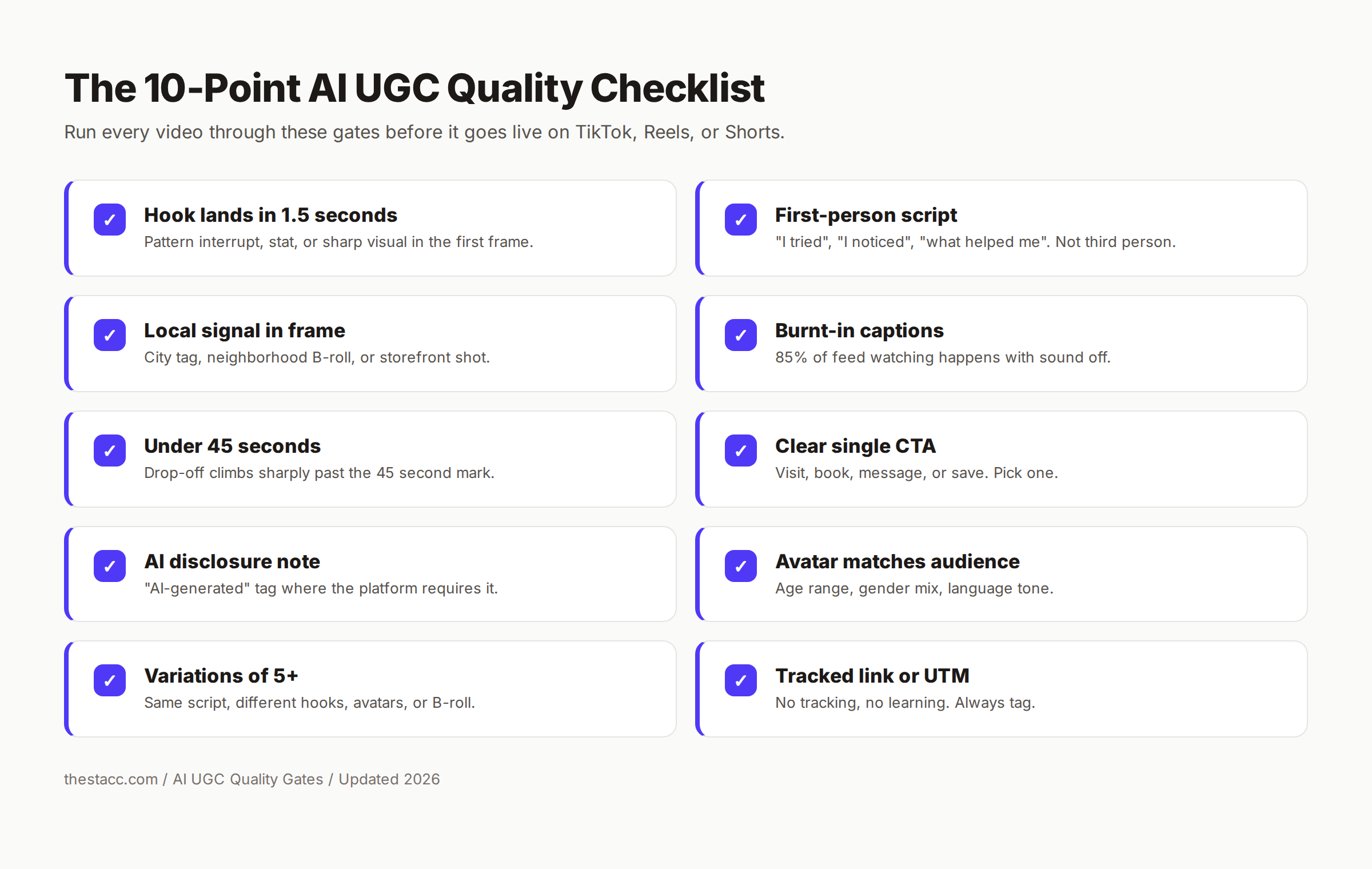 10-point AI UGC quality checklist for local business clips