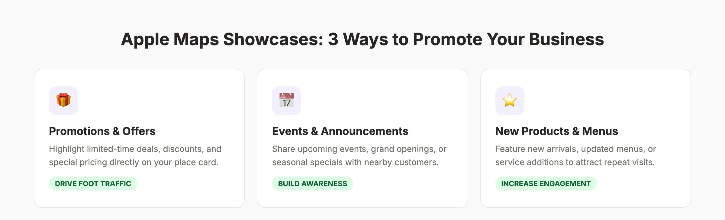 Apple Maps Showcases feature showing 3 promotion types