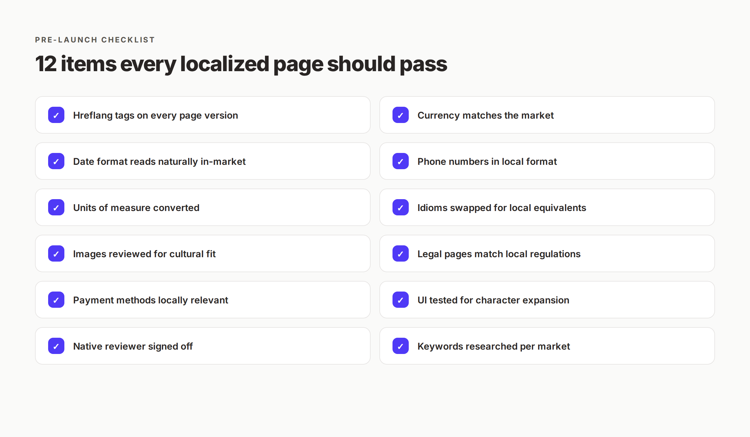 Pre-launch content localization QA checklist with 12 verification items