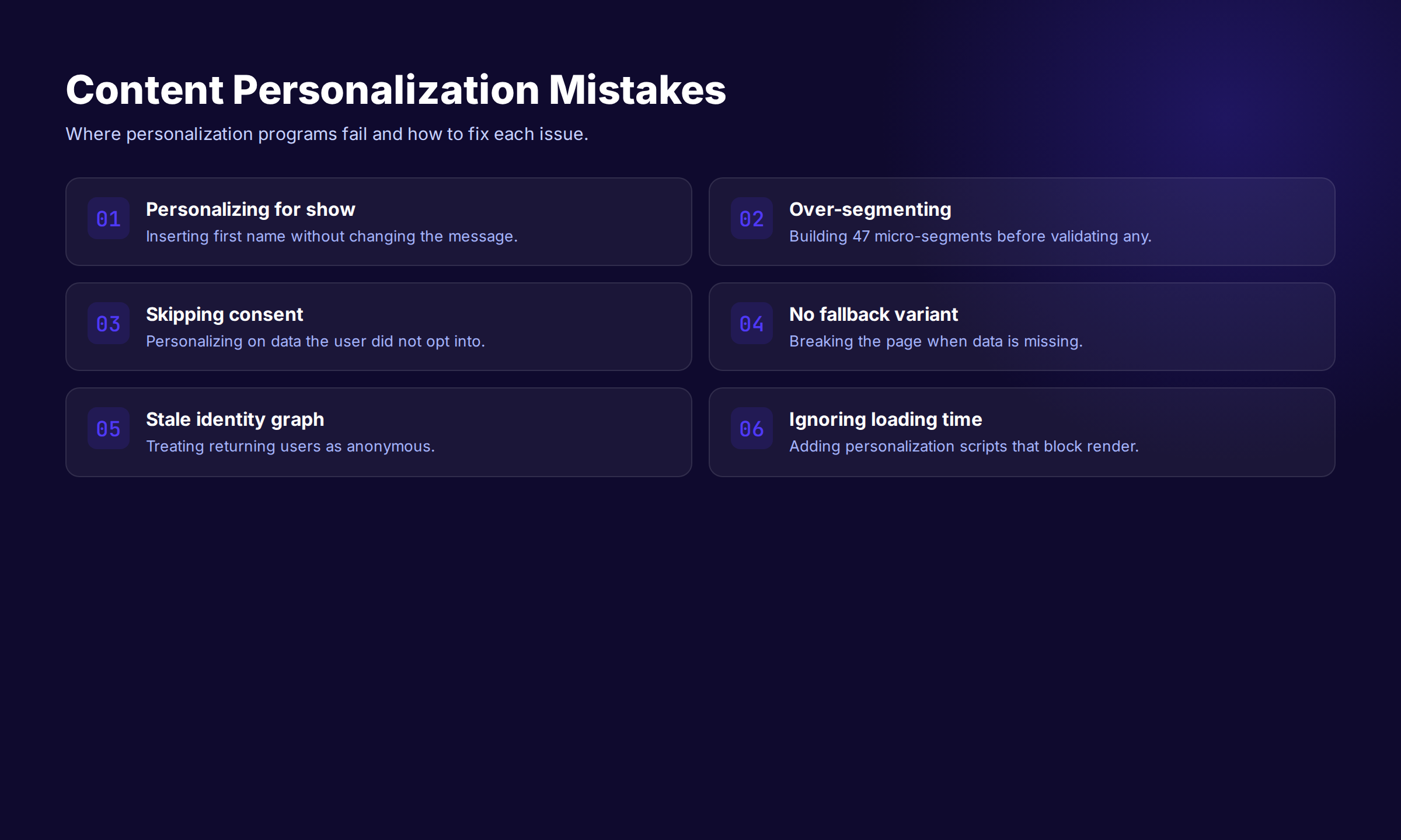 Content personalization mistakes grid showing six common failures and how to fix each