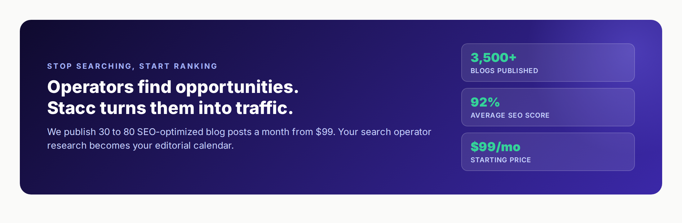 Stacc CTA: operators find opportunities, Stacc turns them into traffic with done-for-you content