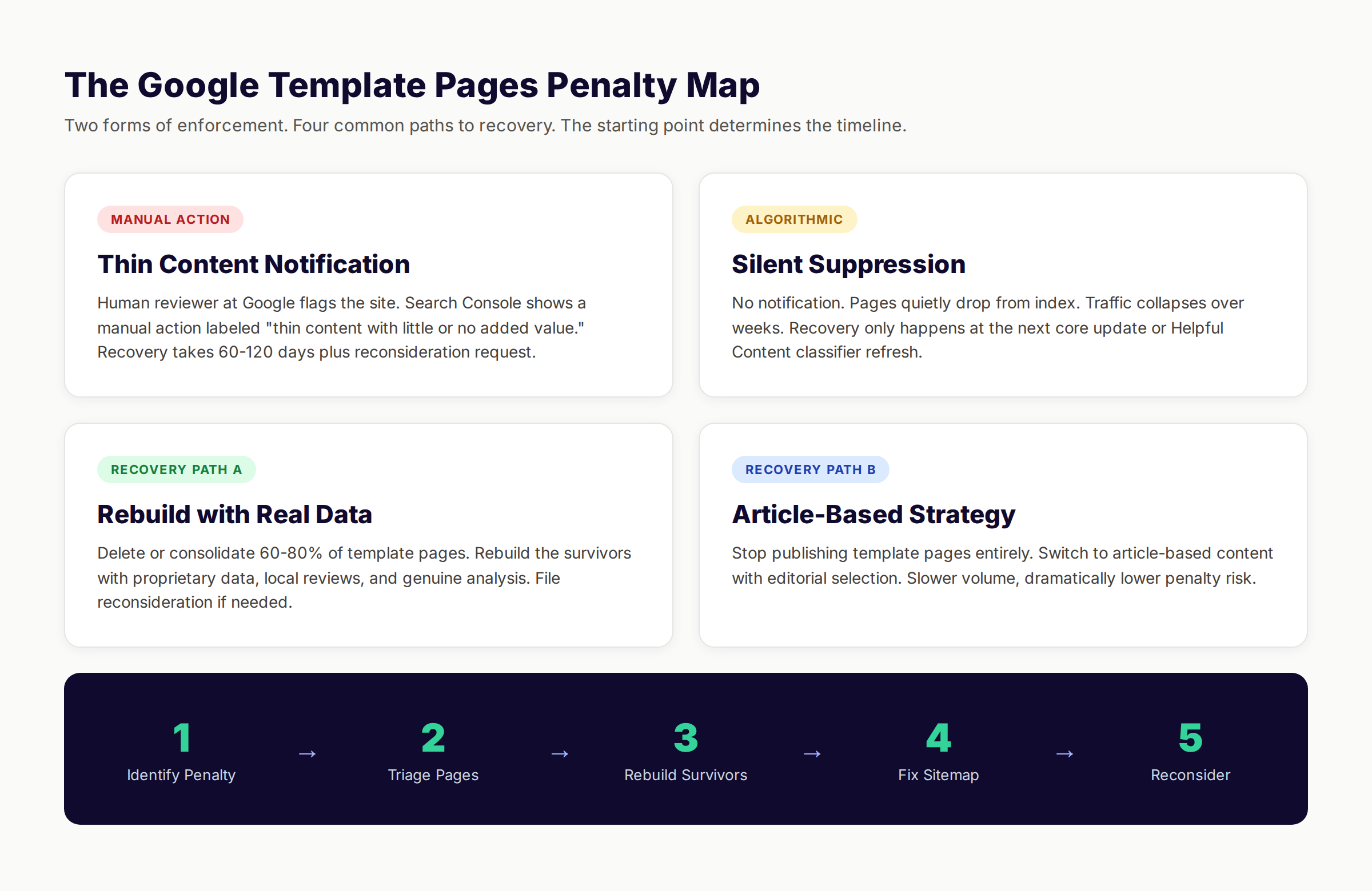 Google template pages penalty overview showing thin content triggers and recovery paths