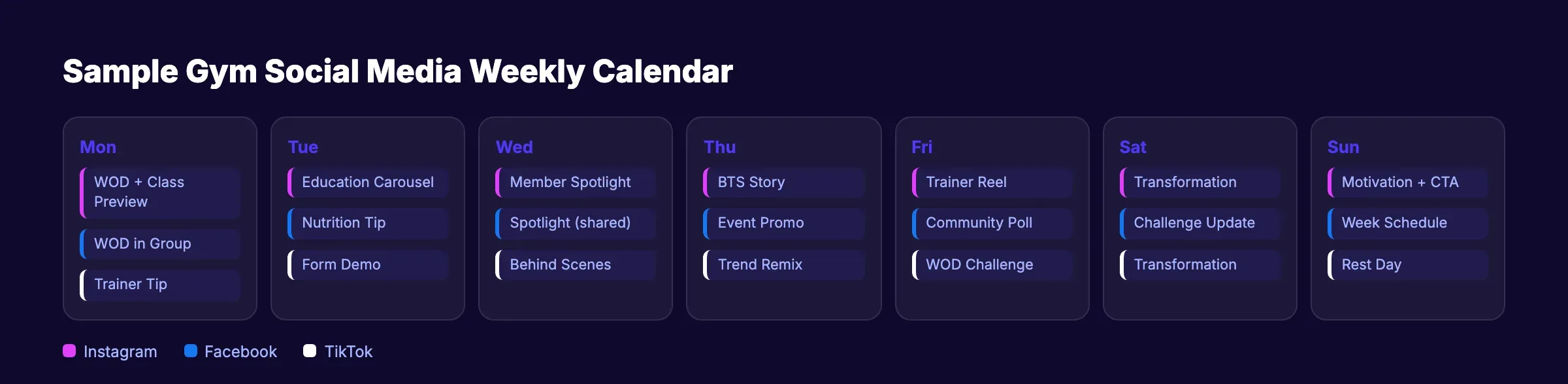 Sample weekly gym social media content calendar across platforms