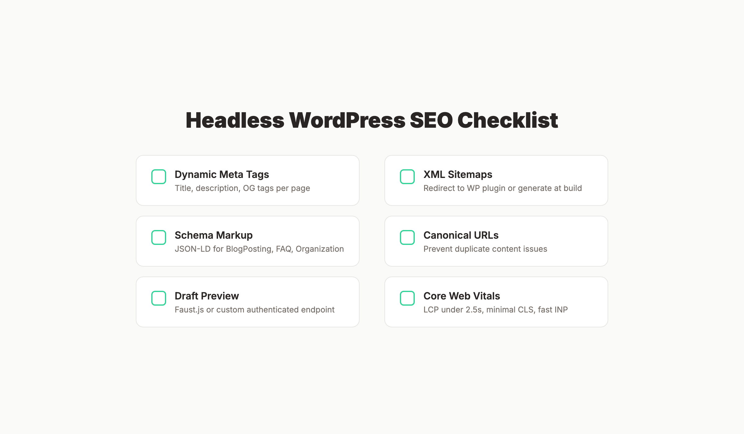 Headless WordPress SEO checklist showing meta tags, sitemaps, schema, and Core Web Vitals requirements