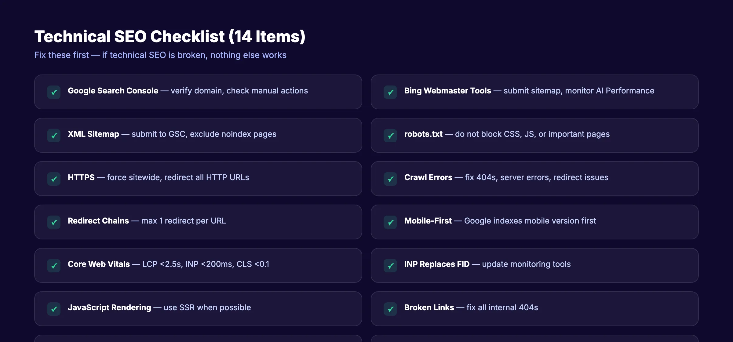 Technical SEO checklist items for 2026