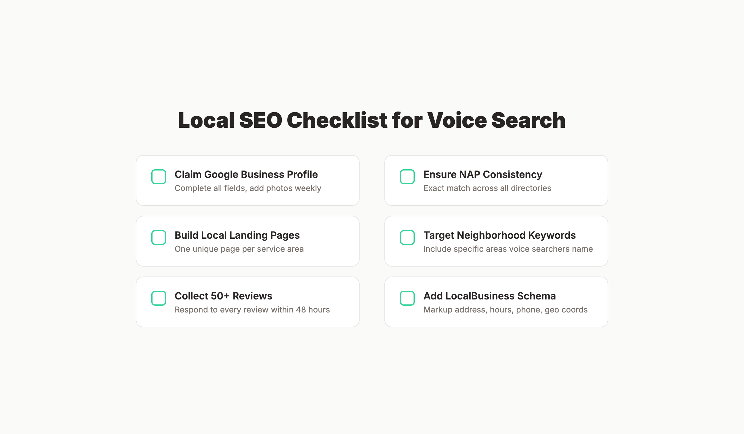 Local SEO voice search optimization checklist showing Google Business Profile, NAP consistency, and review management