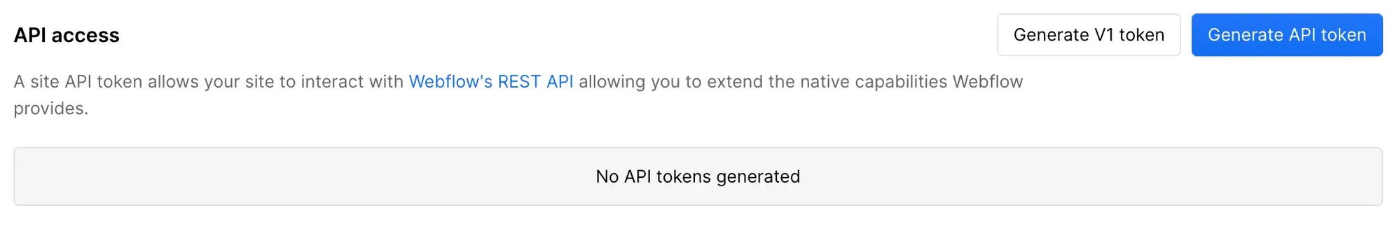 Webflow Site Settings → Apps & Integrations → API access section, showing two buttons: 'Generate V1 token' and the highlighted blue 'Generate API token' button