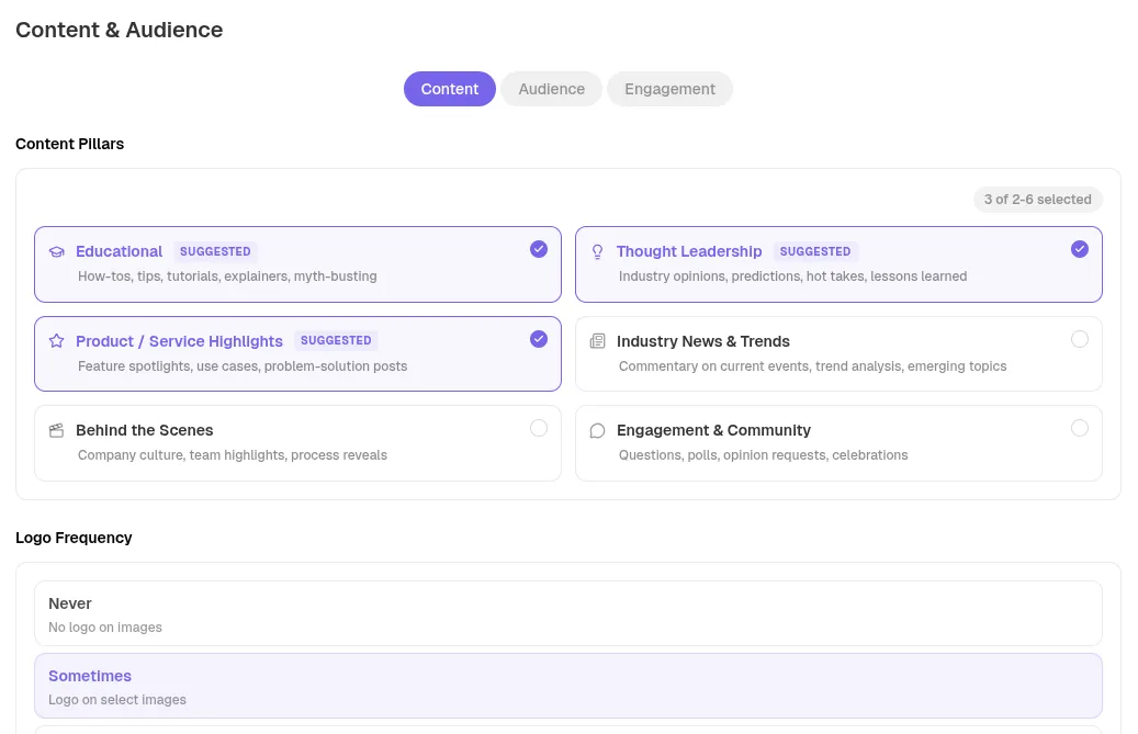 Stacc content pillar and audience targeting settings