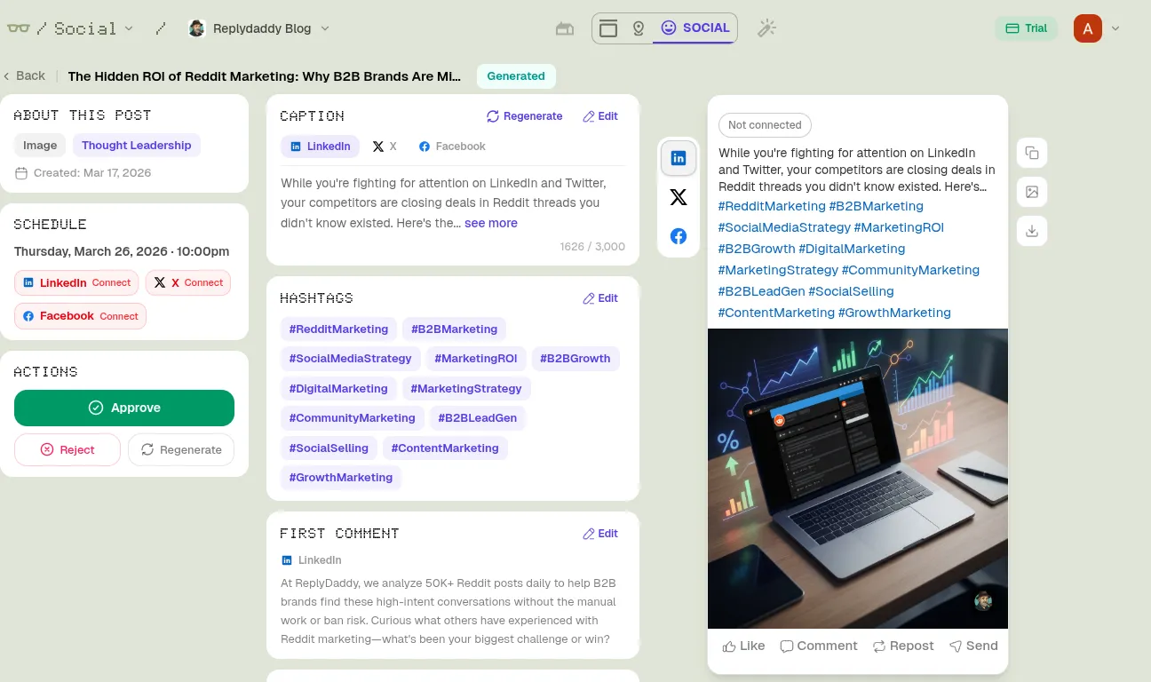 Stacc social media post editor with caption, image preview, and hashtags